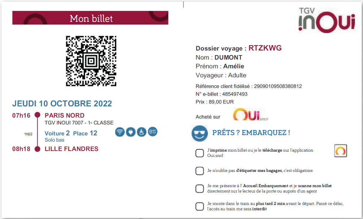 Billet de train TGV inOui, dossier voyage RTZKWG, Amélie Dumont, jeudi 10 octobre 2022, Paris Nord vers Lille Flandres.